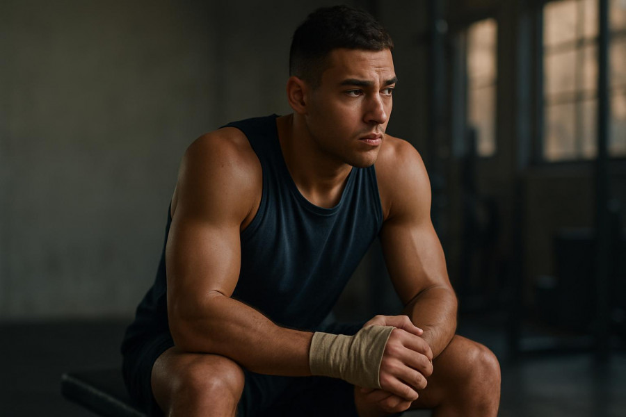Athlete resting on a gym bench, contemplating recovery time for optimal muscle growth.