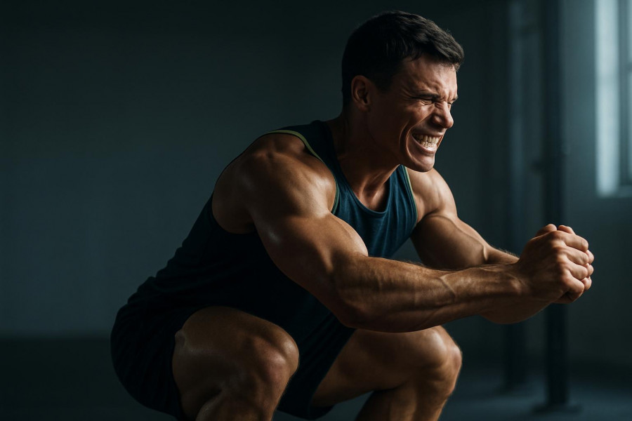 Athletic individual in deep squat showcases eccentric training benefits with tensed muscles.