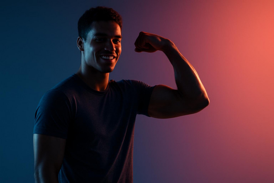 Fit young adult flexing in studio, showcasing strength training and confident muscle growth.