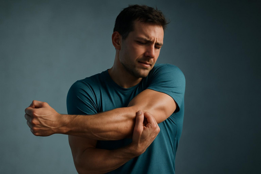 Determined athlete gently stretching sore arms, showcasing muscle recovery after effective training.