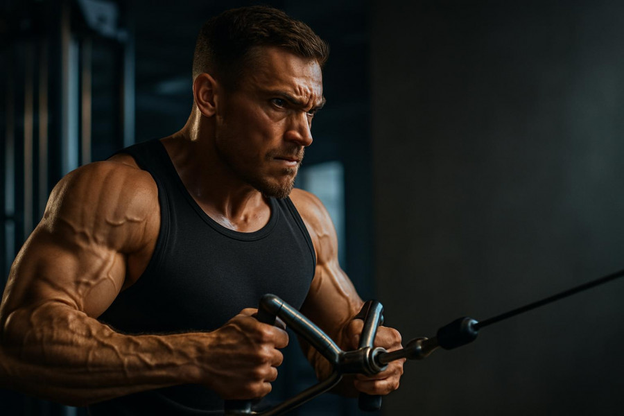 Athletic man intensely rowing on a cable machine, building upper body strength.