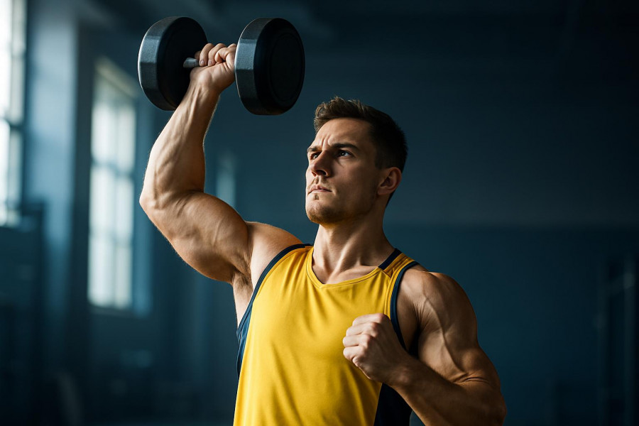 Athlete demonstrating shoulder strength exercise with kettlebell overhead press.
