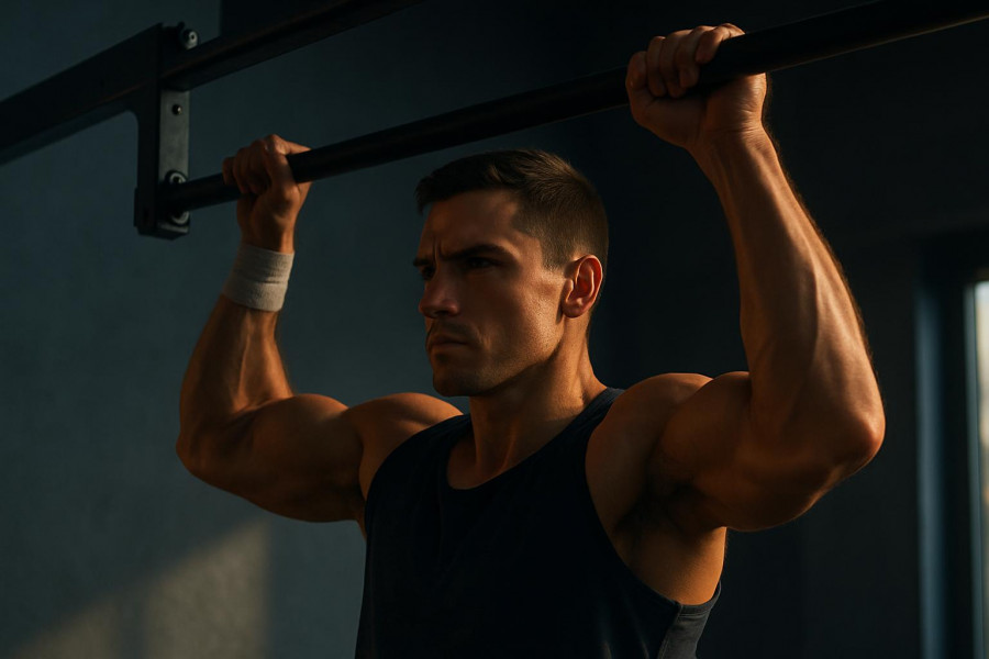 Fit individual showcasing injury recovery with determination, gripping pull-up bar.