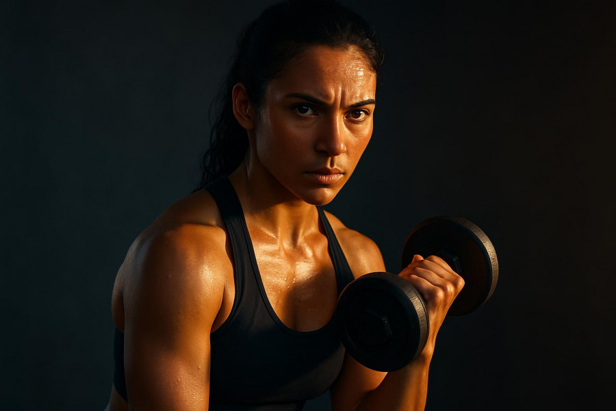 Athletic woman with determination lifting a dumbbell, showcasing benefits of dumbbell training.