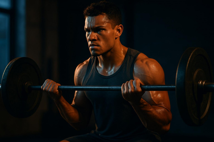 Athletic young man mid-rep with barbell, showcasing muscle hypertrophy and training intensity.