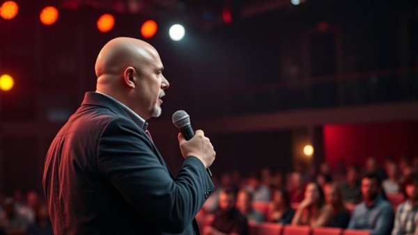 Bald man engaged in public speaking on stage promoting sales success in coaching.