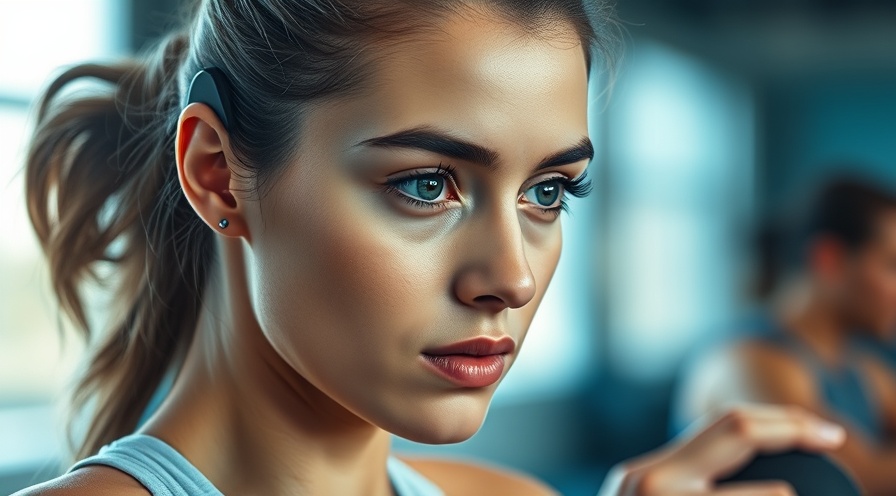 Determined young woman mid-workout with wearable tech in soft gym lighting.