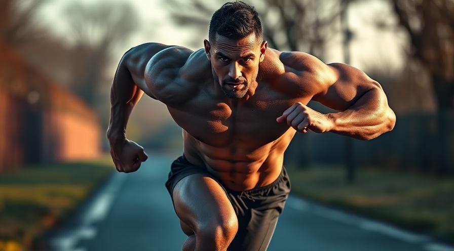 Muscular athlete mid-sprint in intense focus showcasing cardiovascular exercise for fat loss.
