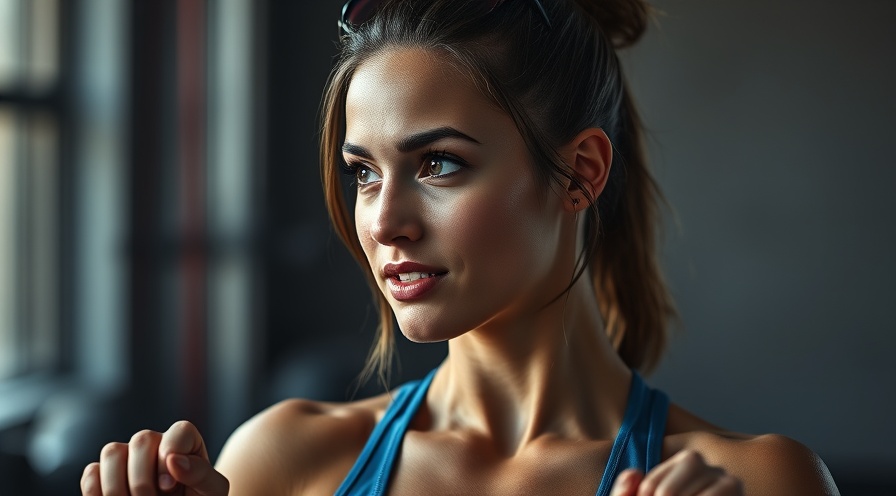 Confident female athlete pausing, glistening with sweat, in a crisp early morning gym.