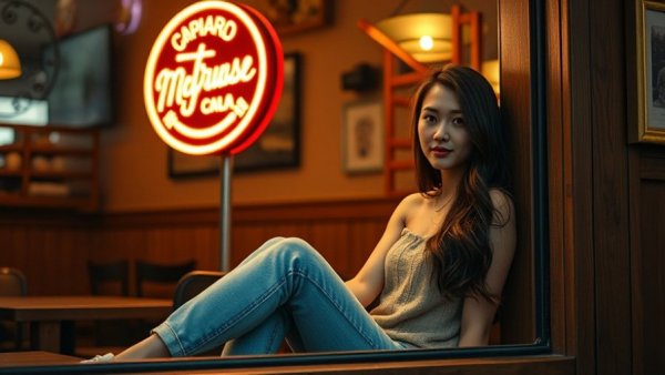 Young woman at Sam's Restaurant Brooklyn, neon sign backdrop.