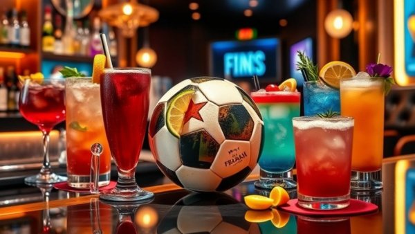 FIFA-inspired cocktail experience with vibrant drinks and FIFA soccer ball.