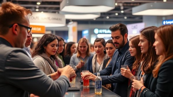 People observing bartender at an exhibition, vibrant setting.