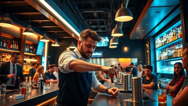 Bartender demonstrating mixology skills to intrigued audience in bar.