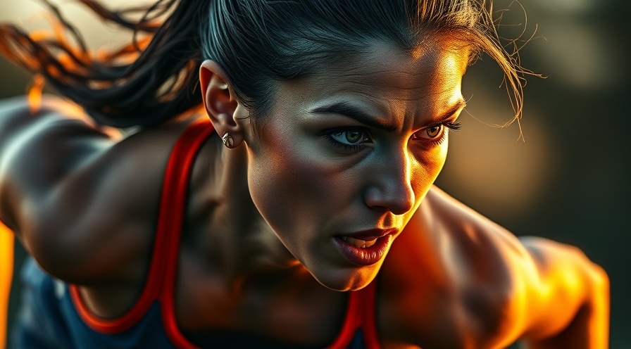 Athletic woman sprinting with determination, illuminated by golden hour light.