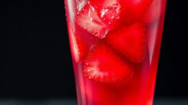 Vibrant red Strawberry Açai Refresher with ice and texture.
