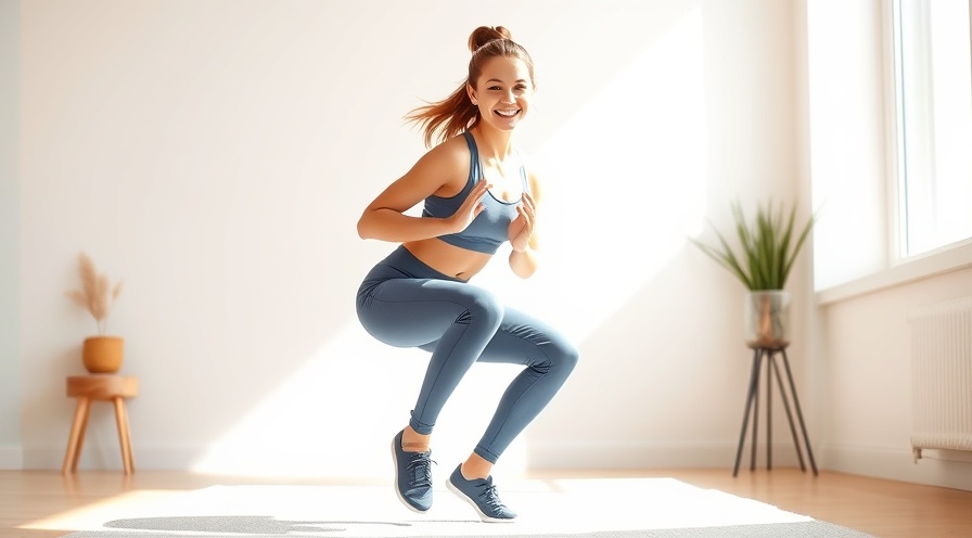 Energetic young woman doing bodyweight training squat jump in bright living room.
