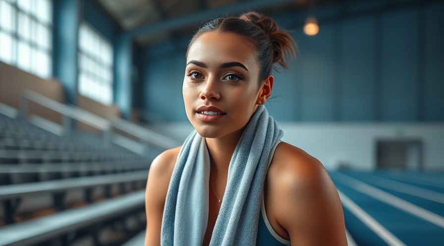 Confident female sprinter post-workout, relaxed with towel, cool blue ambiance.