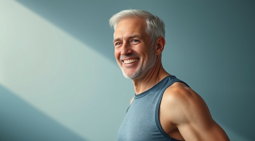 Fit older adult smiling confidently in athletics wear, mid-stretch in soft morning light.