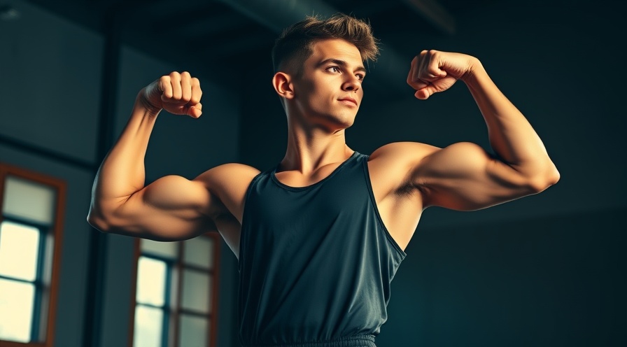 Athletic young adult flexing muscles, showcasing fat-free mass index in the gym.