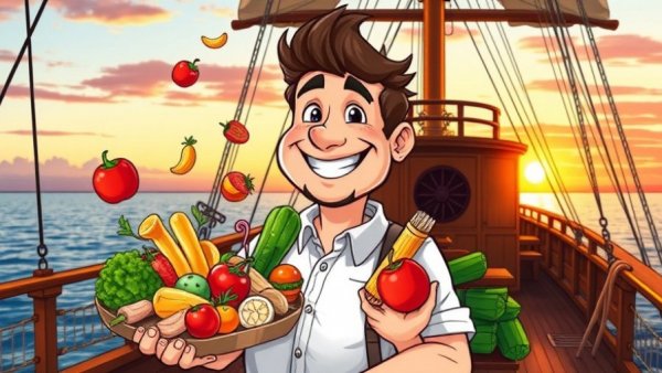 Cartoon style image of man with floating foods, colorful ship background.