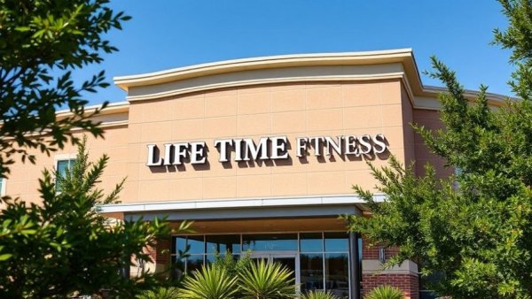 Life Time Fitness building exterior with prominent sign, daylight.