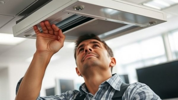 HVAC technician optimizing office air conditioning unit.