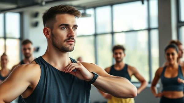 Focused fitness instructor leading a class in a modern studio.