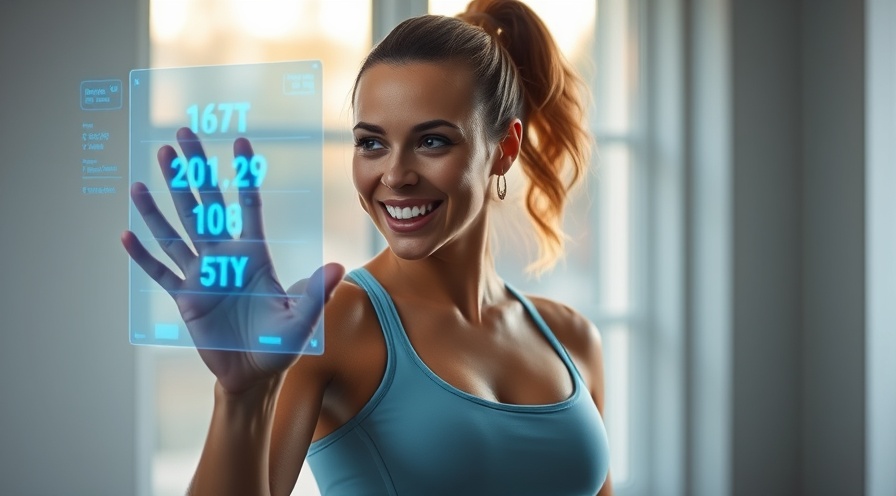 Energetic woman using training apps with holographic fitness display.