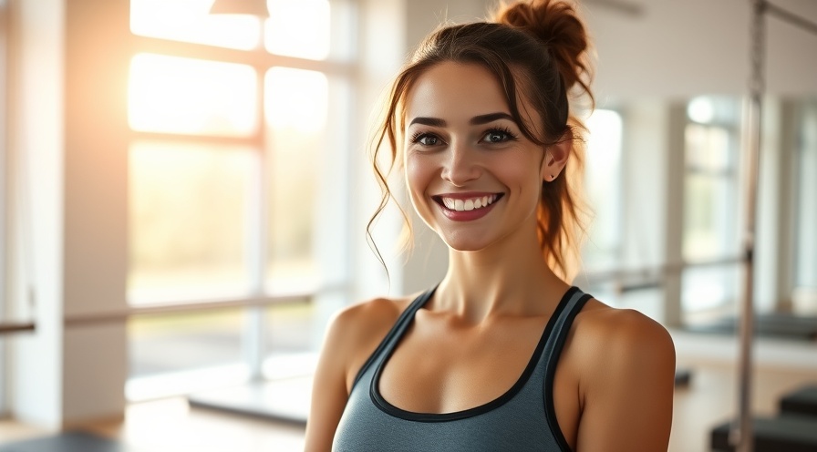 Confident female fitness instructor smiles in sunlit pilates studio, embodying fitness studio growth.