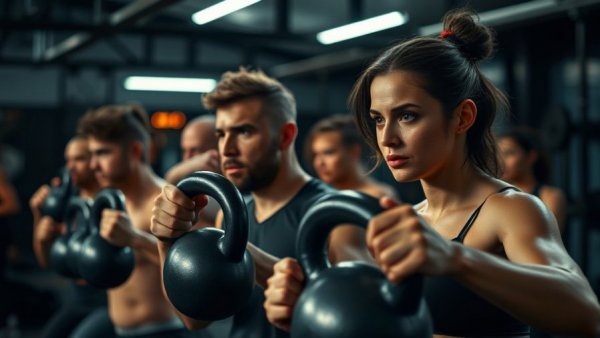 Focused gym members lifting kettlebells, winning back fitness goals.