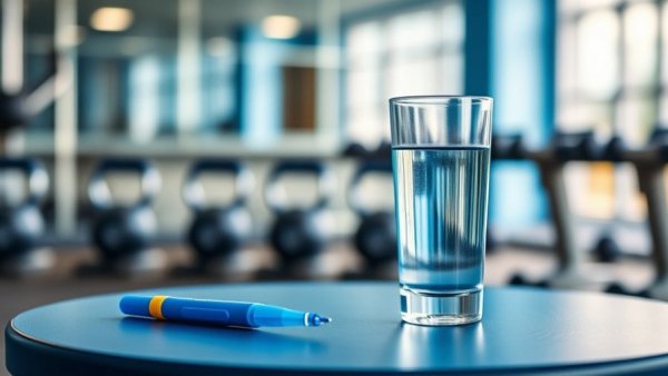 Blue medical pen with water glass in gym setting for Selling GLP-1s in Gyms.