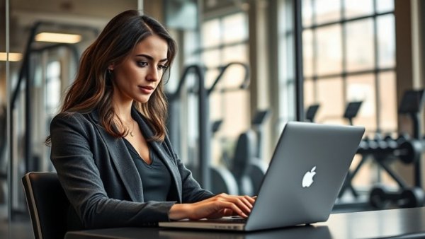Confident woman in gym office working on laptop.