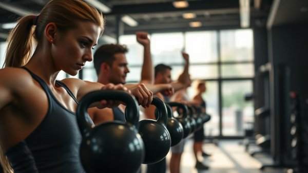 Gym-goers focused on kettlebell exercises in modern gym.