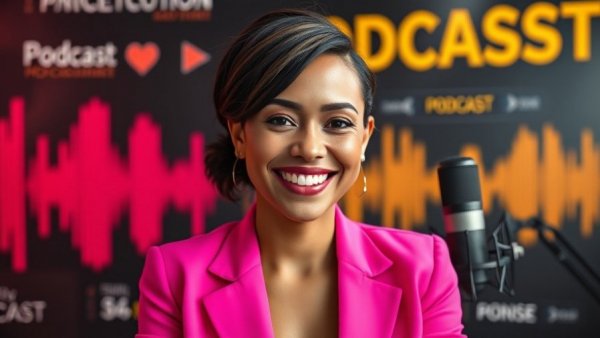 Confident woman hosting a podcast about self-leadership in fitness.