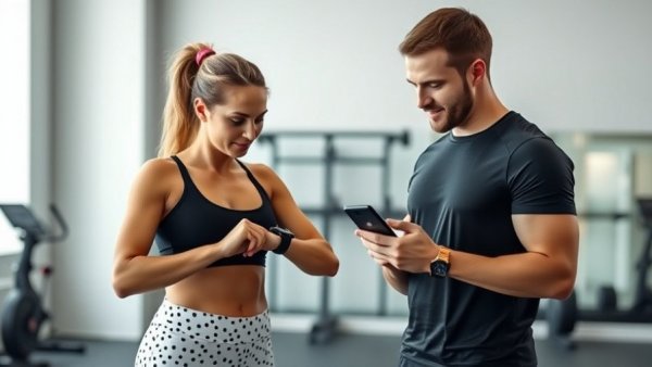 Two people discussing fitness technology indoors, highlighting best remote personal trainer platforms.
