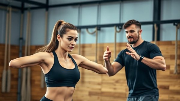 Personal trainer motivating client in energetic training session.