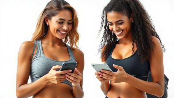 Two women preview workout plans on phone.