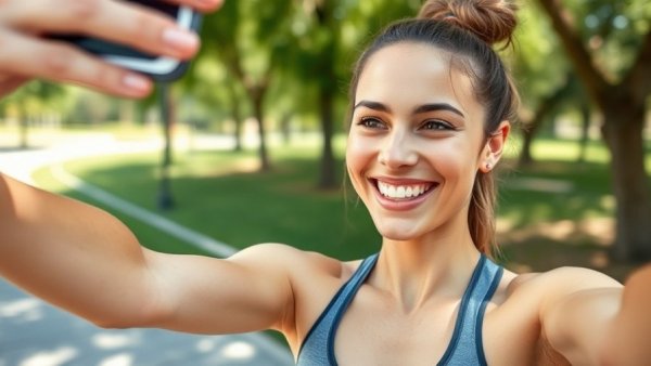 Athletic woman practicing iPhone fitness photography tips outdoors.