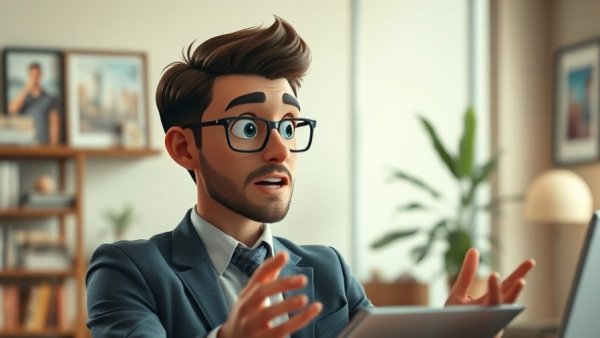 Animated man in office discussing sales strategy with focus.