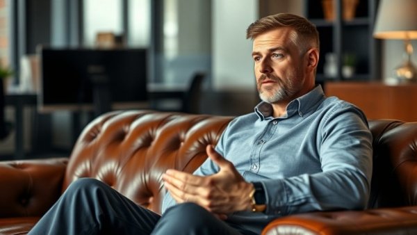 Success in Fitness Business: Man giving advice on a leather couch.