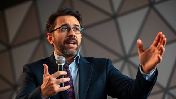 Confident speaker discusses improving paid ads against a gear backdrop.