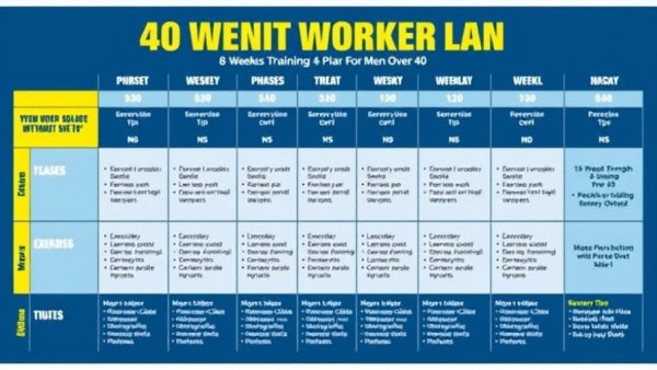 8 Week Strength Training Plan for Men Over 40 chart with exercises and tips