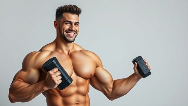 Fit man with a dumbbell performing full-body workout.