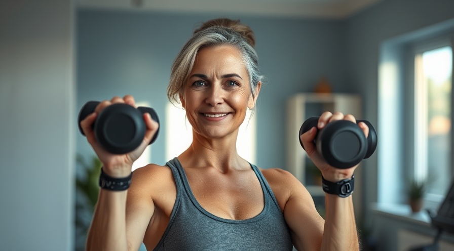 Fit middle-aged woman strength training in home gym, showcasing benefits of dumbbell workouts.