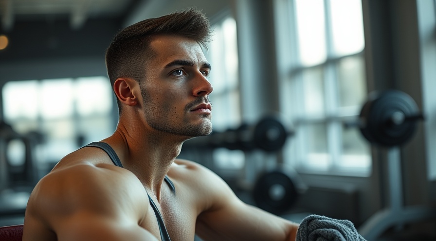 Athletic man in the gym, contemplating muscle hypertrophy between low-volume training sets.