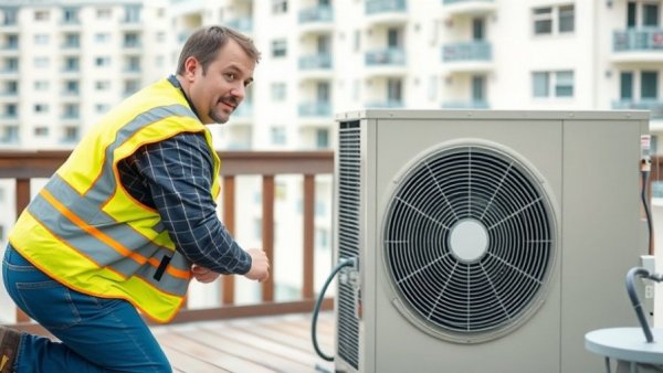 Technician troubleshooting heat pump on a deck.