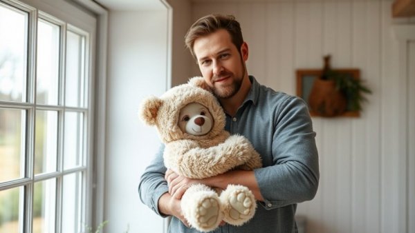 Man holding baby in bear suit indoors, HVAC technician career insights.