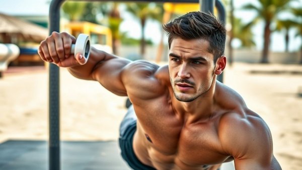 Man performing dip exercise in outdoor gym, ultimate chest and tricep exercise.