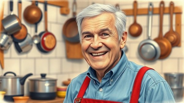 Realistic portrait of an older man in a kitchen with hanging cookware.
