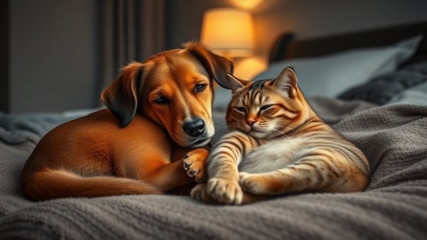 Cozy dog and cat cuddled on bed, promoting indoor air quality.